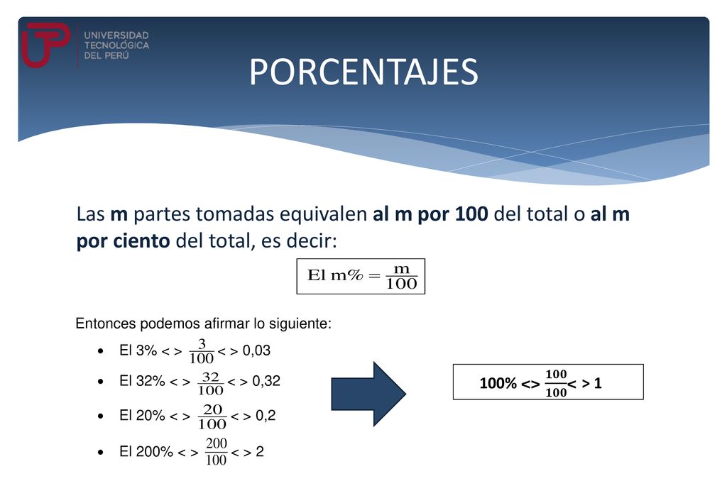 PORCENTAJES Las m partes tomadas equivalen al m por 100 del total o al m por ciento del total, es decir: