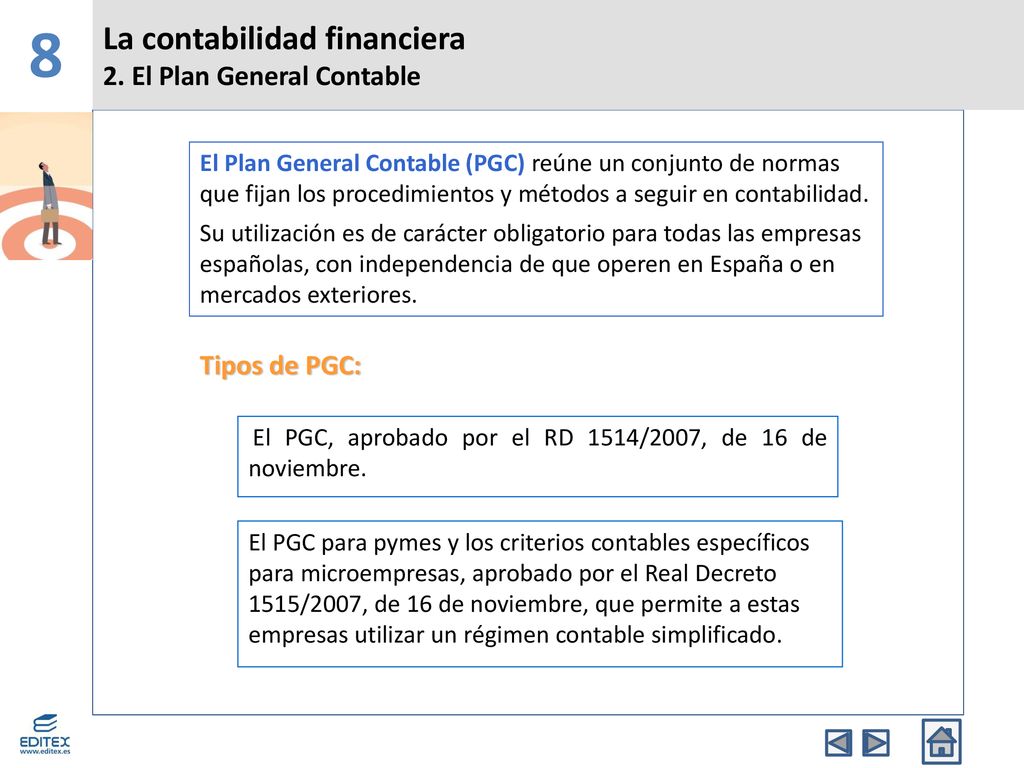 8 La contabilidad financiera 2. El Plan General Contable Tipos de PGC: