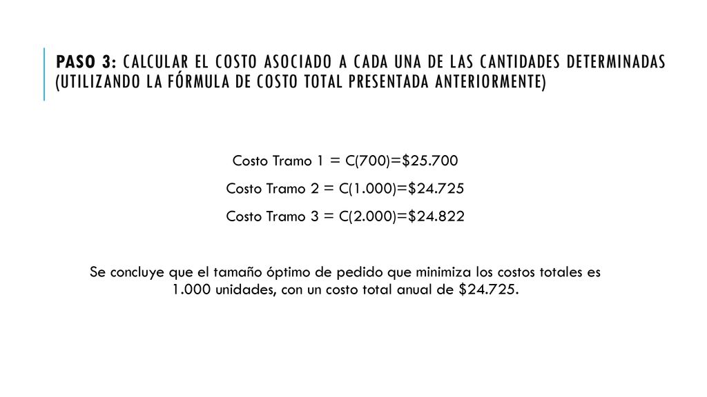 PASO 3: Calcular el costo asociado a cada una de las cantidades determinadas (utilizando la fórmula de costo total presentada anteriormente)