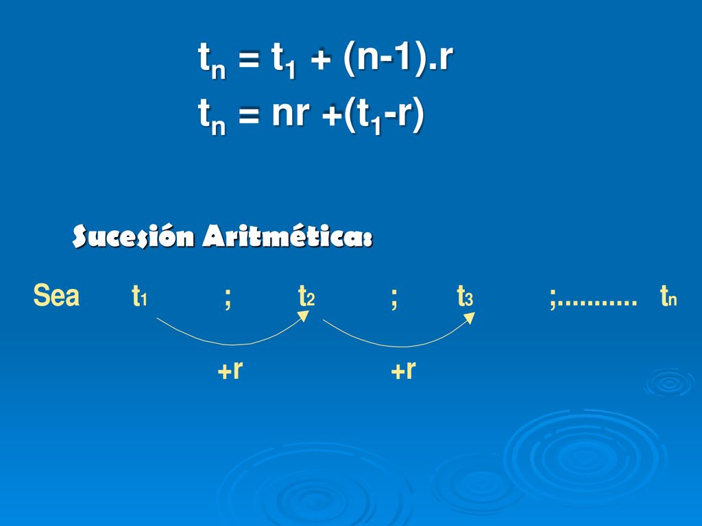 tn = t1 + (n-1).r tn = nr +(t1-r) Sucesión Aritmética: