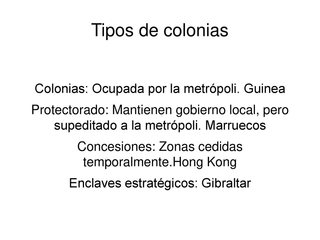 Tipos de colonias Colonias: Ocupada por la metrópoli. Guinea