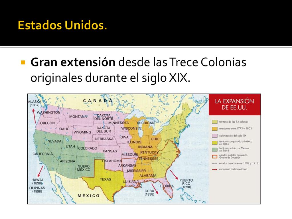 Estados Unidos. Gran extensión desde las Trece Colonias originales durante el siglo XIX.