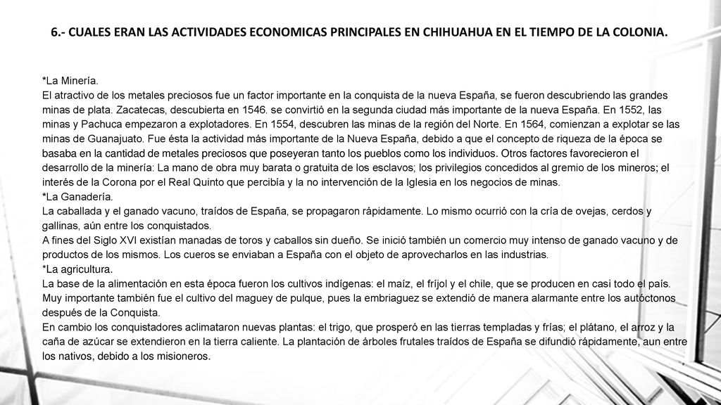 6.- CUALES ERAN LAS ACTIVIDADES ECONOMICAS PRINCIPALES EN CHIHUAHUA EN EL TIEMPO DE LA COLONIA.