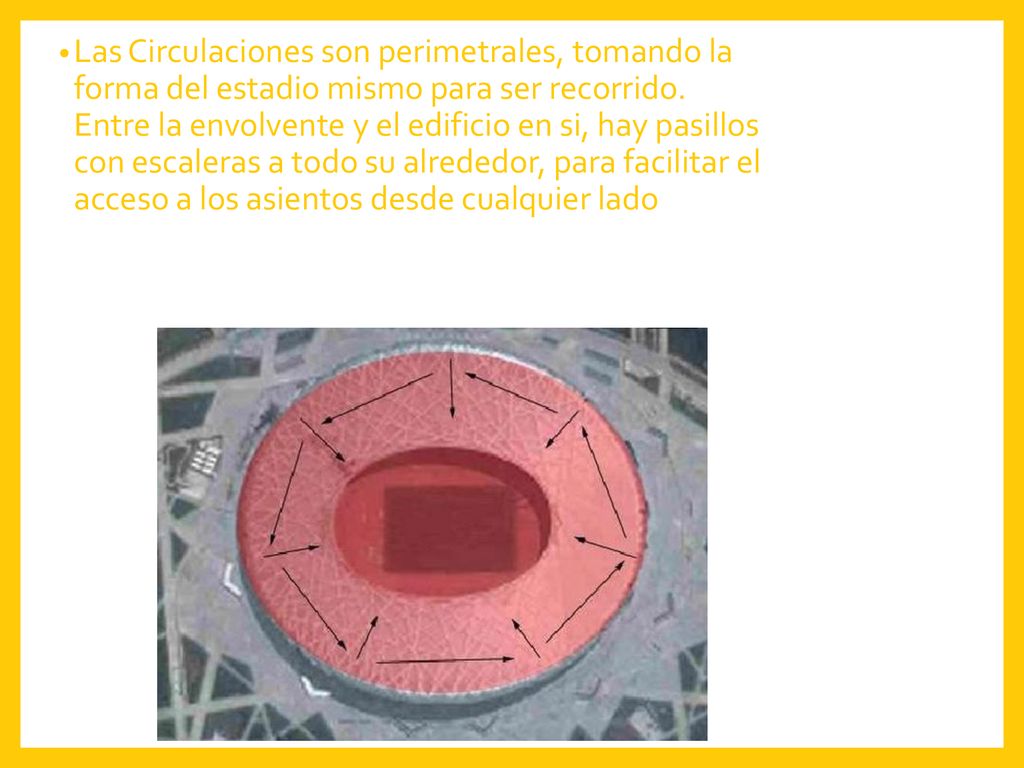 Las Circulaciones son perimetrales, tomando la forma del estadio mismo para ser recorrido.