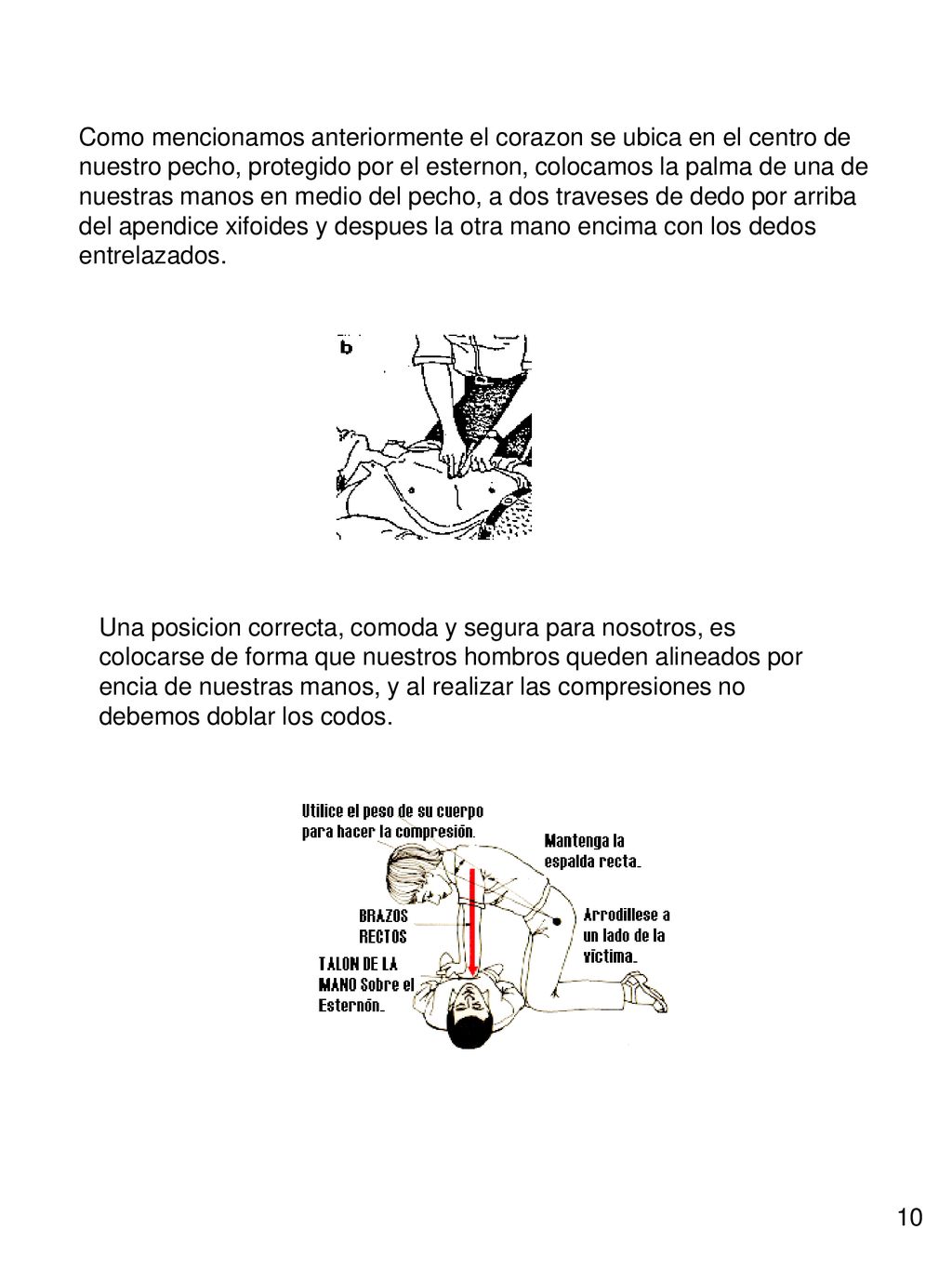 Como mencionamos anteriormente el corazon se ubica en el centro de nuestro pecho, protegido por el esternon, colocamos la palma de una de nuestras manos en medio del pecho, a dos traveses de dedo por arriba del apendice xifoides y despues la otra mano encima con los dedos entrelazados.