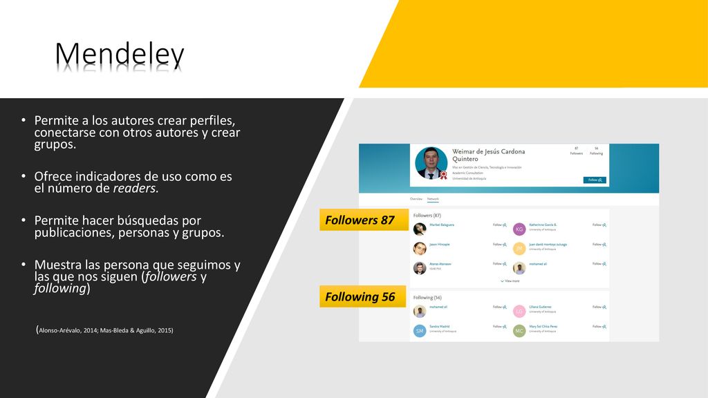 Mendeley Permite a los autores crear perfiles, conectarse con otros autores y crear grupos.