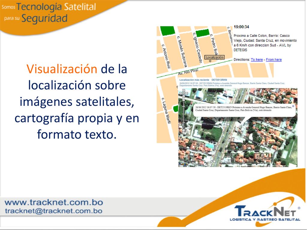 Visualización de la localización sobre imágenes satelitales, cartografía propia y en formato texto.
