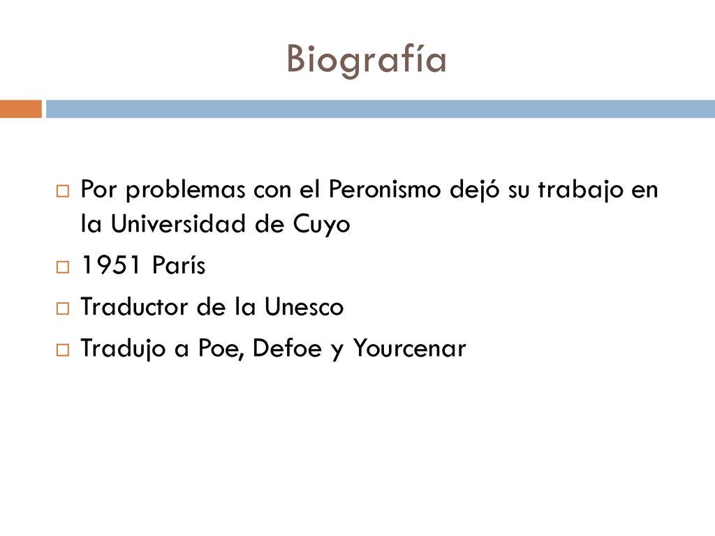 Biografía Por problemas con el Peronismo dejó su trabajo en la Universidad de Cuyo París. Traductor de la Unesco.