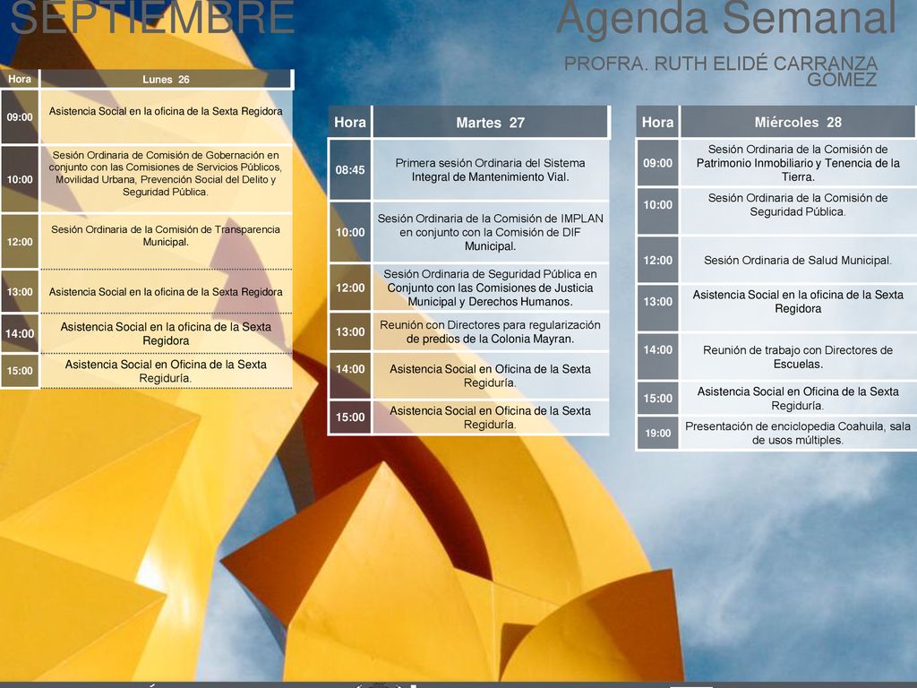 Agenda Semanal SEPTIEMBRE Cabildo Torreón PROFRA. RUTH ELIDÉ CARRANZA