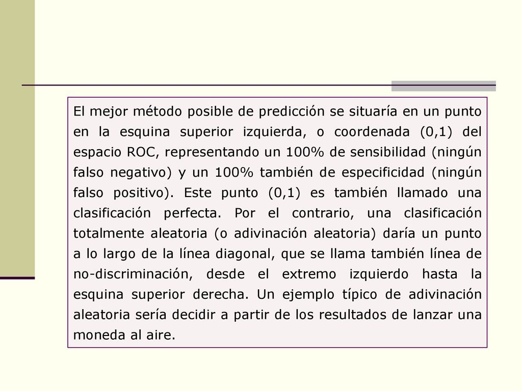 El mejor método posible de predicción se situaría en un punto en la esquina superior izquierda, o coordenada (0,1) del espacio ROC, representando un 100% de sensibilidad (ningún falso negativo) y un 100% también de especificidad (ningún falso positivo).