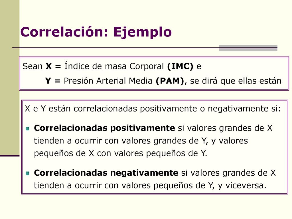 Correlación: Ejemplo Sean X = Índice de masa Corporal (IMC) e