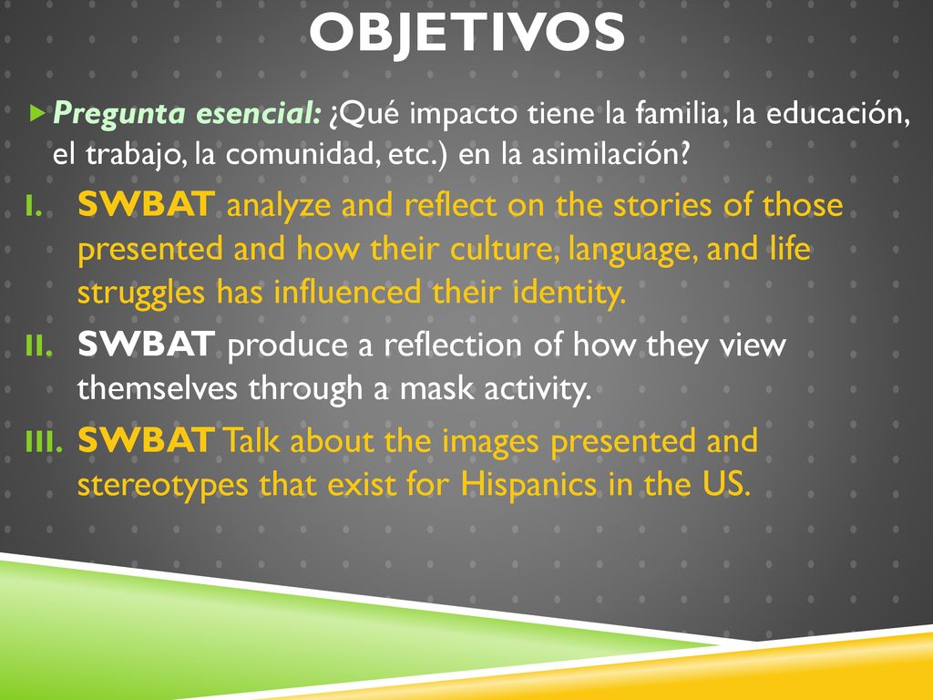 Objetivos Pregunta esencial: ¿Qué impacto tiene la familia, la educación, el trabajo, la comunidad, etc.) en la asimilación