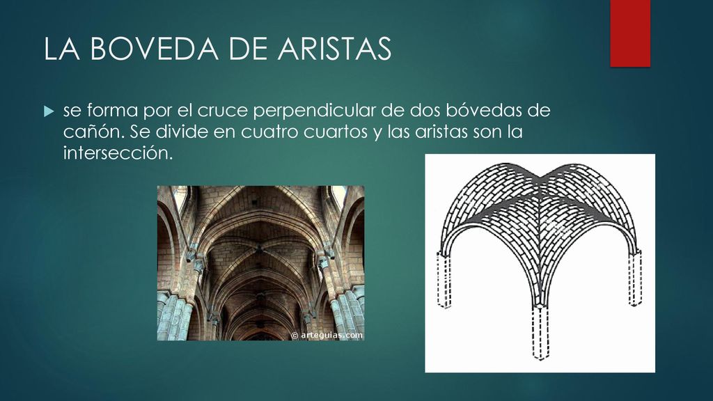 LA BOVEDA DE ARISTAS se forma por el cruce perpendicular de dos bóvedas de cañón.