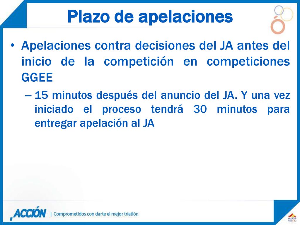 Plazo de apelaciones Apelaciones contra decisiones del JA antes del inicio de la competición en competiciones GGEE.
