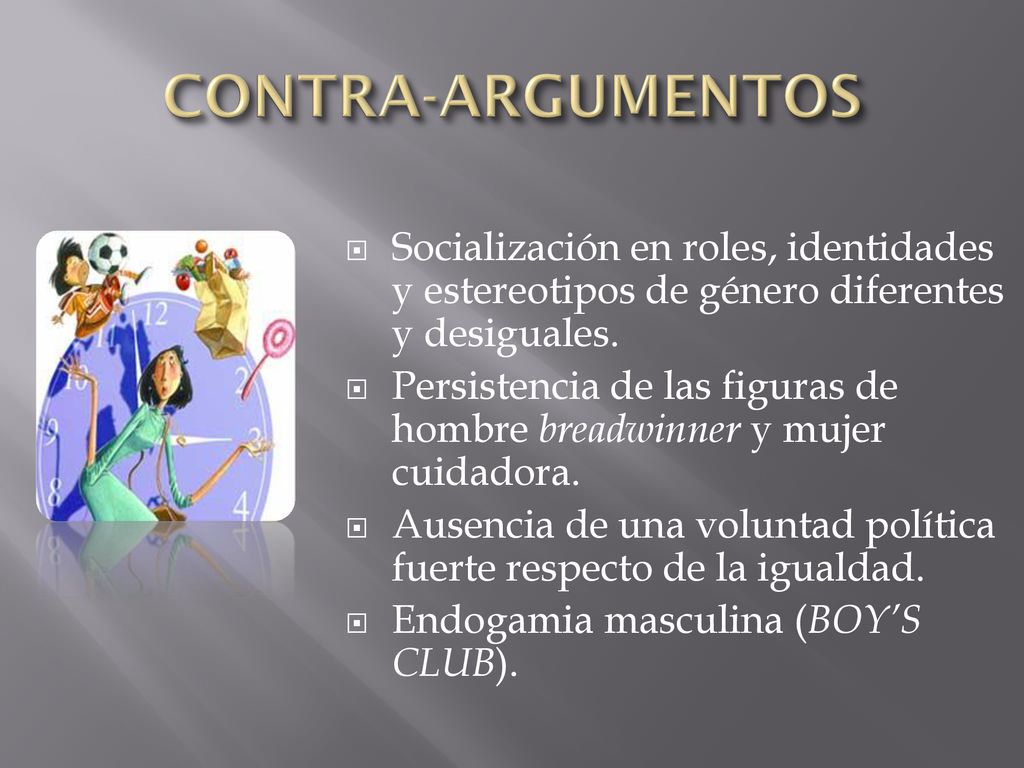 CONTRA-ARGUMENTOS Socialización en roles, identidades y estereotipos de género diferentes y desiguales.