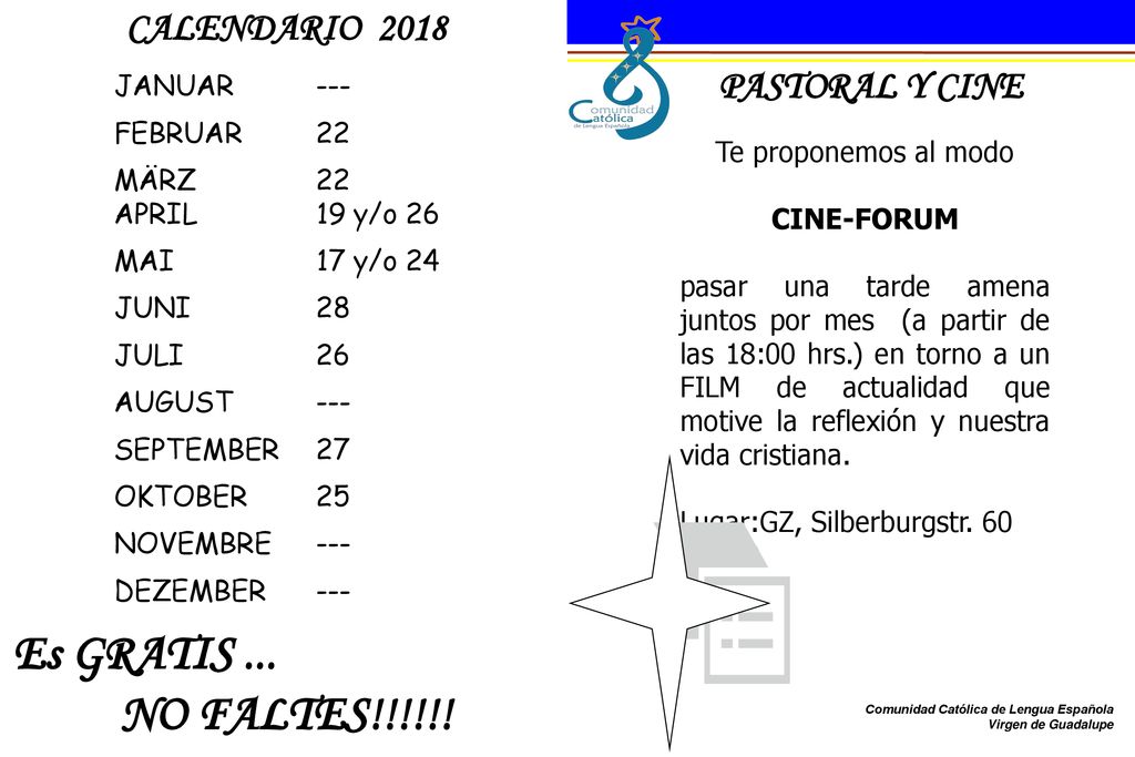 Es GRATIS ... NO FALTES!!!!!! CALENDARIO 2018 PASTORAL Y CINE