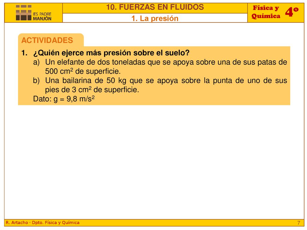 10. FUERZAS EN FLUIDOS 1. La presión. ACTIVIDADES. ¿Quién ejerce más presión sobre el suelo