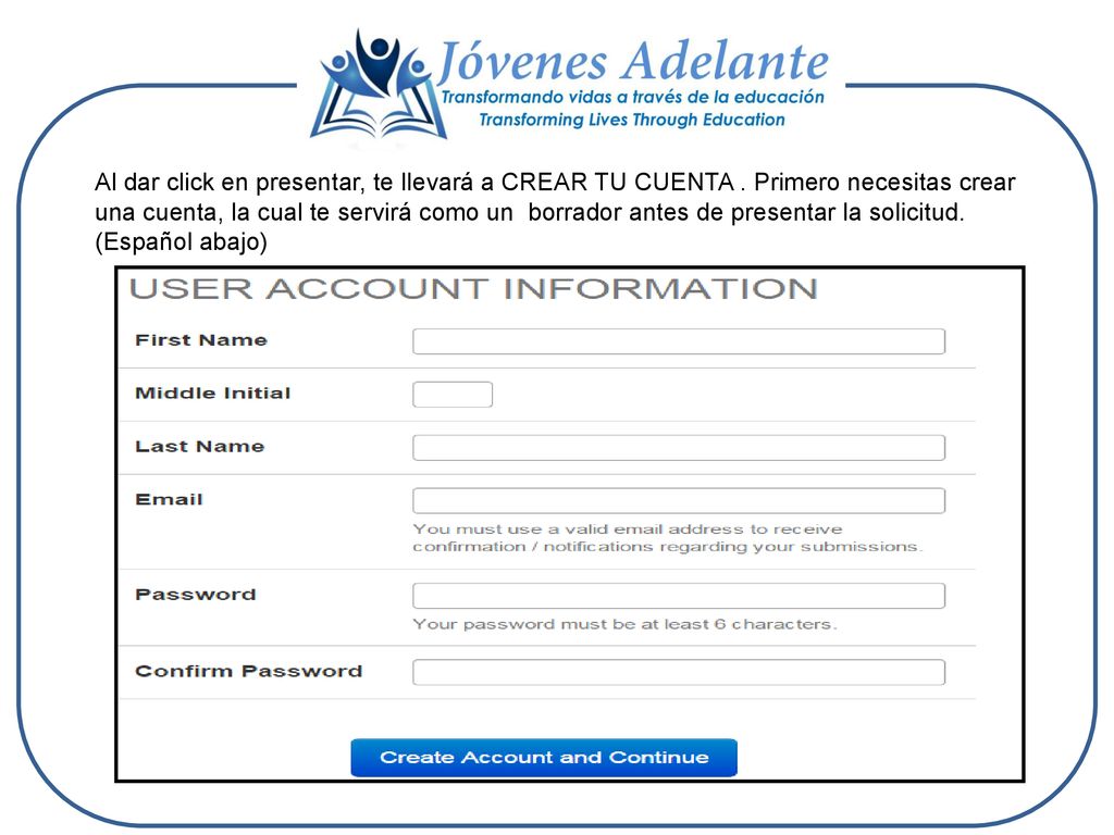 Al dar click en presentar, te llevará a CREAR TU CUENTA