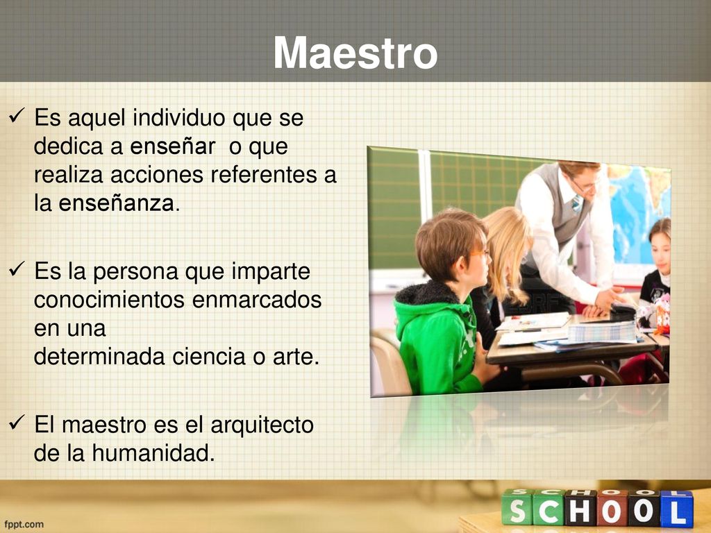 Maestro Es aquel individuo que se dedica a enseñar o que realiza acciones referentes a la enseñanza.