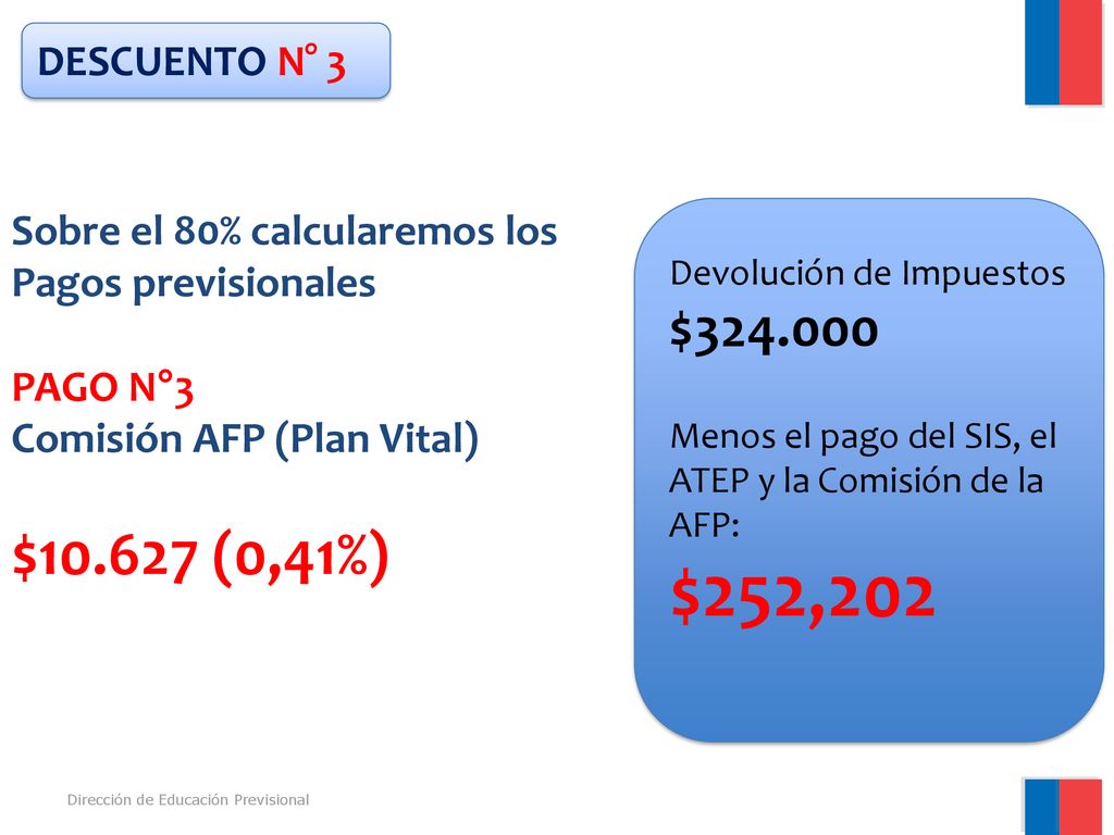 DESCUENTO N° 3 Sobre el 80% calcularemos los. Pagos previsionales. PAGO N°3. Comisión AFP (Plan Vital)