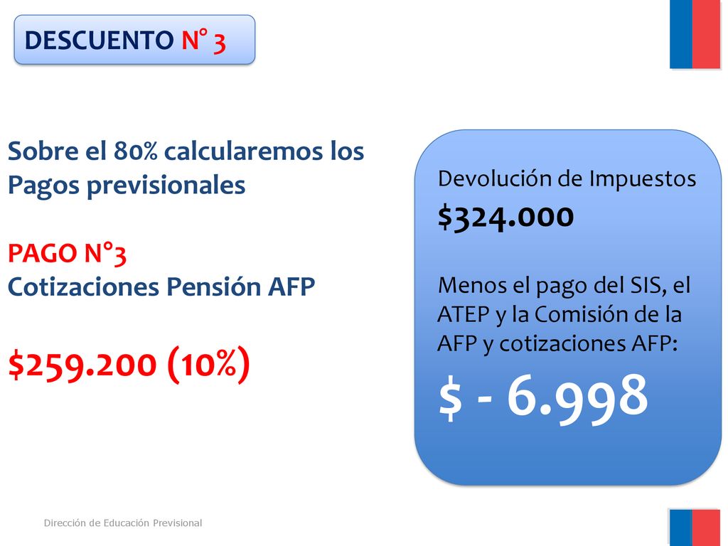 DESCUENTO N° 3 Sobre el 80% calcularemos los. Pagos previsionales. PAGO N°3. Cotizaciones Pensión AFP.