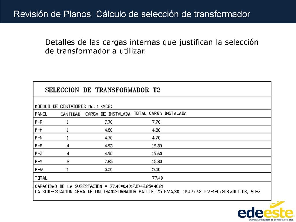 Revisión de Planos: Cálculo de selección de transformador