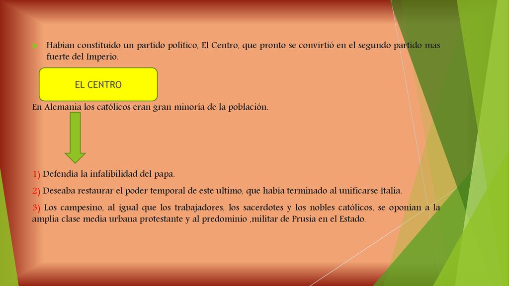Habían constituido un partido político, El Centro, que pronto se convirtió en el segundo partido mas fuerte del Imperio.