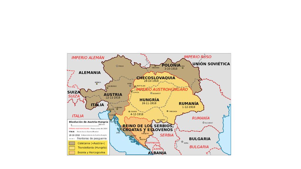 El territorio de Austria-Hungría estaba formado por algunas partes de lo que ahora son los países de República Checa, Eslovaquia, Hungría, Austria, Italia, Polonia, Rumania, Croacia, Eslovenia y Serbia.