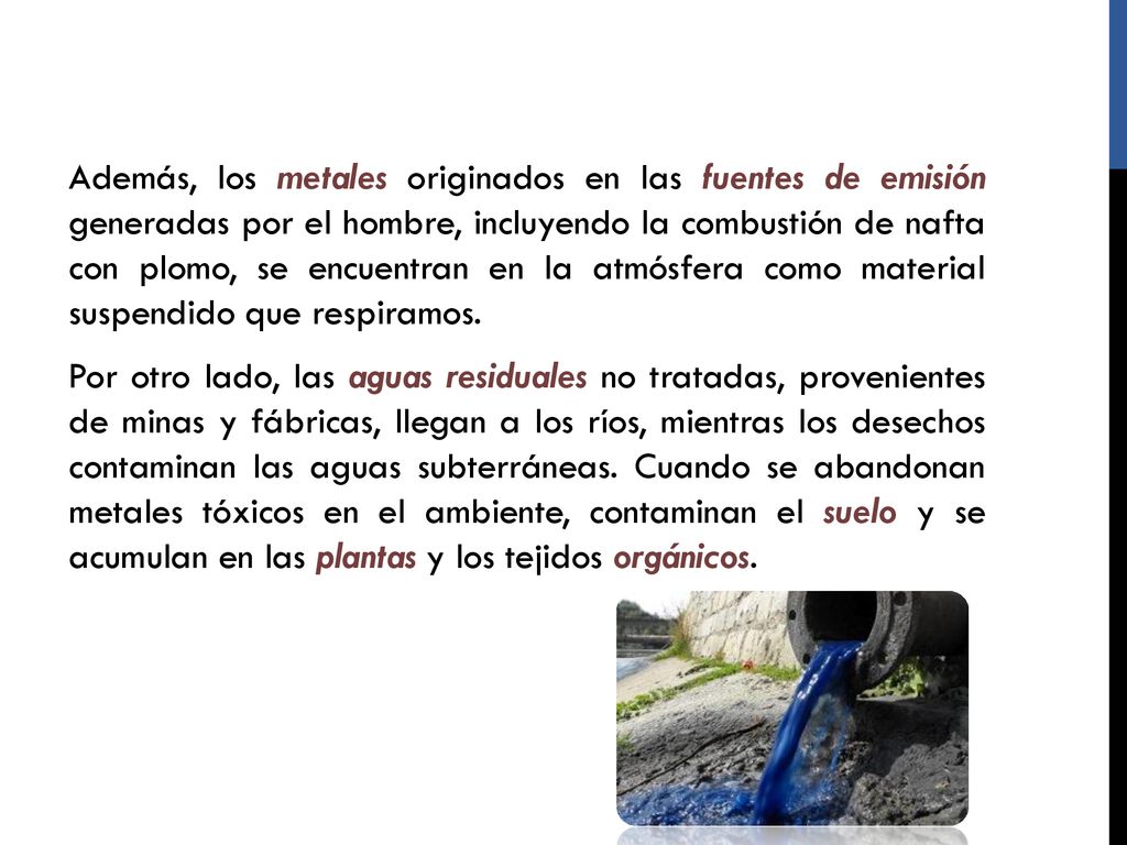 Además, los metales originados en las fuentes de emisión generadas por el hombre, incluyendo la combustión de nafta con plomo, se encuentran en la atmósfera como material suspendido que respiramos.