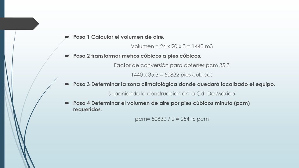 Paso 1 Calcular el volumen de aire. Volumen = 24 x 20 x 3 = 1440 m3