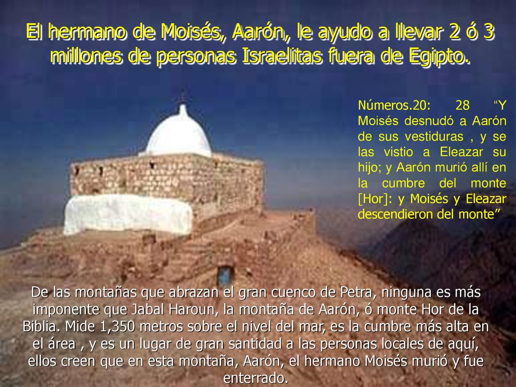 El hermano de Moisés, Aarón, le ayudo a llevar 2 ó 3 millones de personas Israelitas fuera de Egipto.