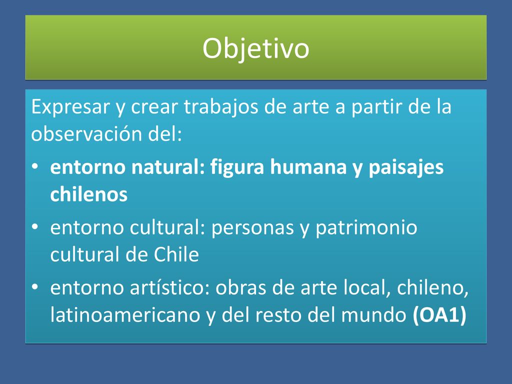 Objetivo Expresar y crear trabajos de arte a partir de la observación del: entorno natural: figura humana y paisajes chilenos.