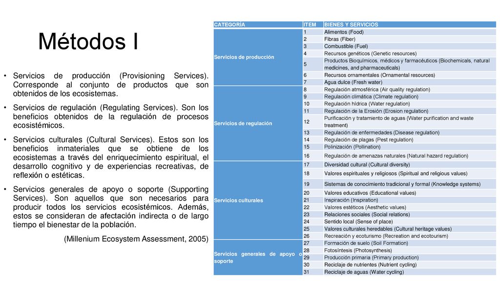 Métodos I CATEGORÍA. ITEM. BIENES Y SERVICIOS. Servicios de producción. 1. Alimentos (Food) 2.