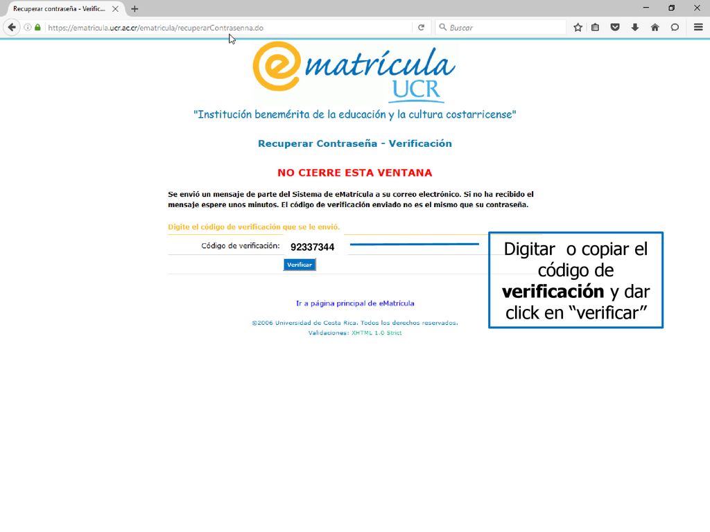 Digitar o copiar el código de verificación y dar click en verificar
