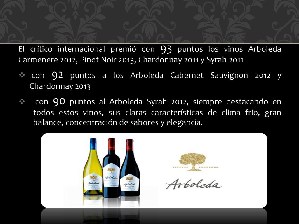El crítico internacional premió con 93 puntos los vinos Arboleda Carmenere 2012, Pinot Noir 2013, Chardonnay 2011 y Syrah 2011