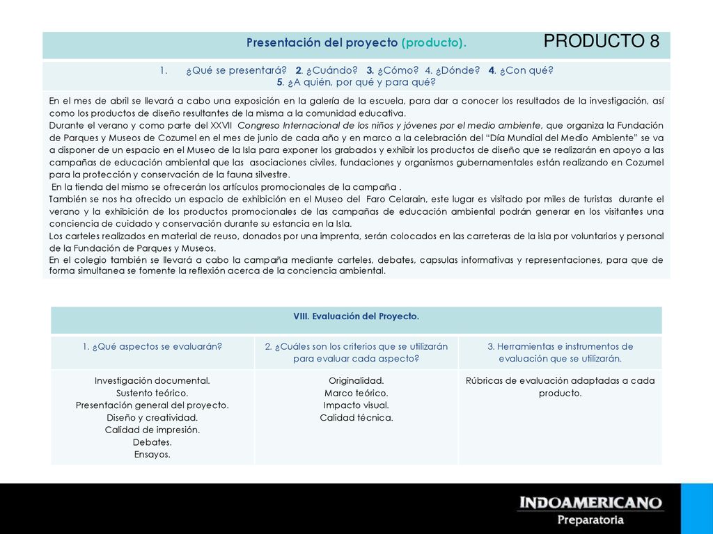 Presentación del proyecto (producto). VIII. Evaluación del Proyecto.