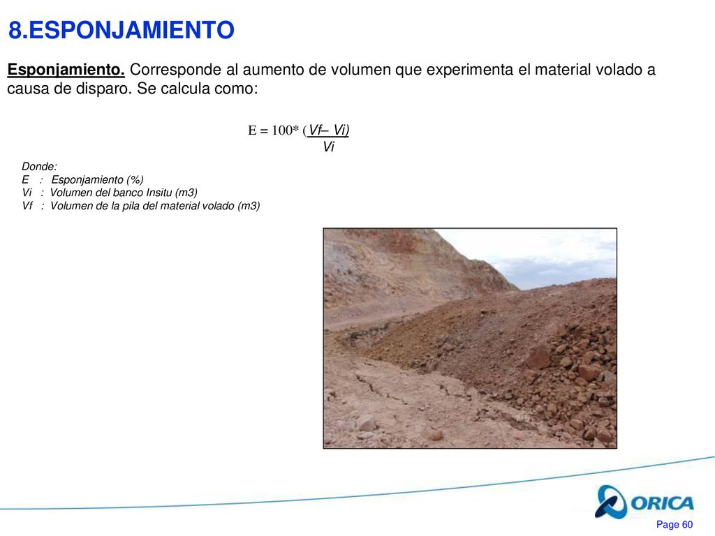 8.ESPONJAMIENTO Esponjamiento. Corresponde al aumento de volumen que experimenta el material volado a causa de disparo. Se calcula como: