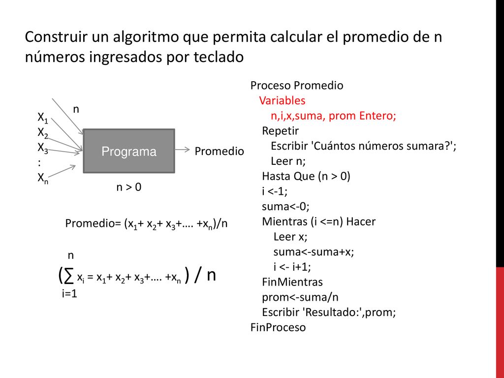 Construir un algoritmo que permita calcular el promedio de n números ingresados por teclado