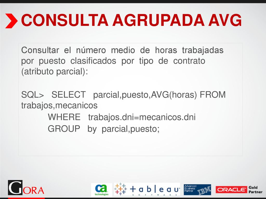 CONSULTA AGRUPADA AVG Consultar el número medio de horas trabajadas por puesto clasificados por tipo de contrato (atributo parcial):