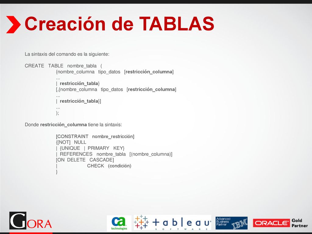 Creación de TABLAS La sintaxis del comando es la siguiente:
