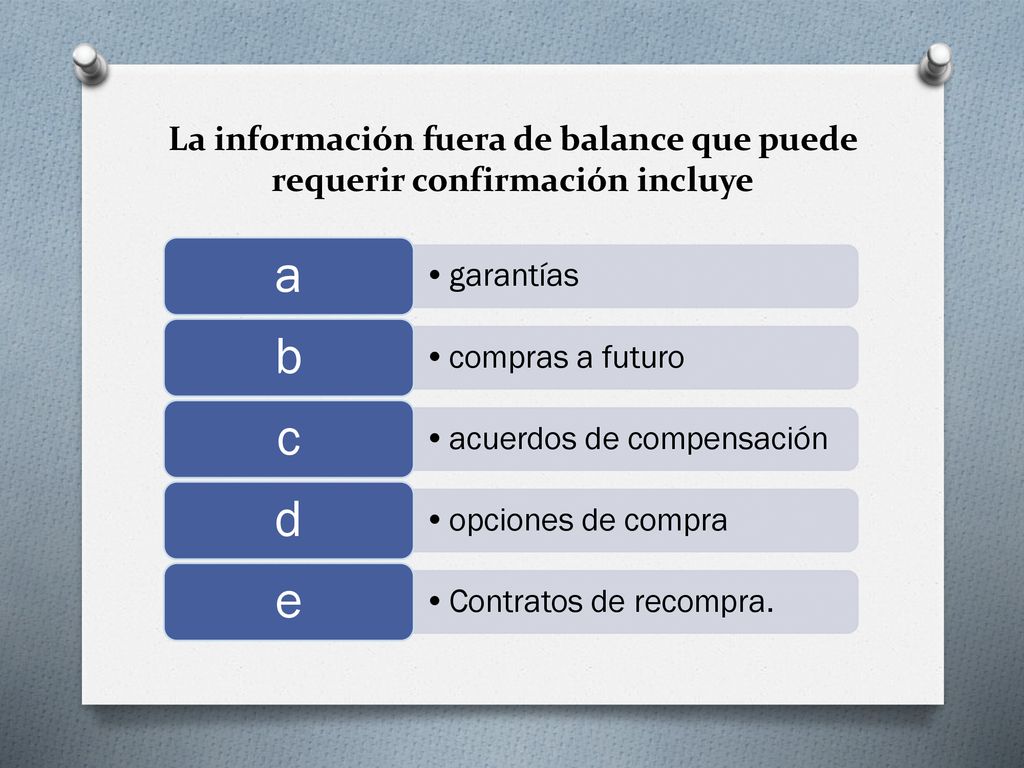 La información fuera de balance que puede requerir confirmación incluye