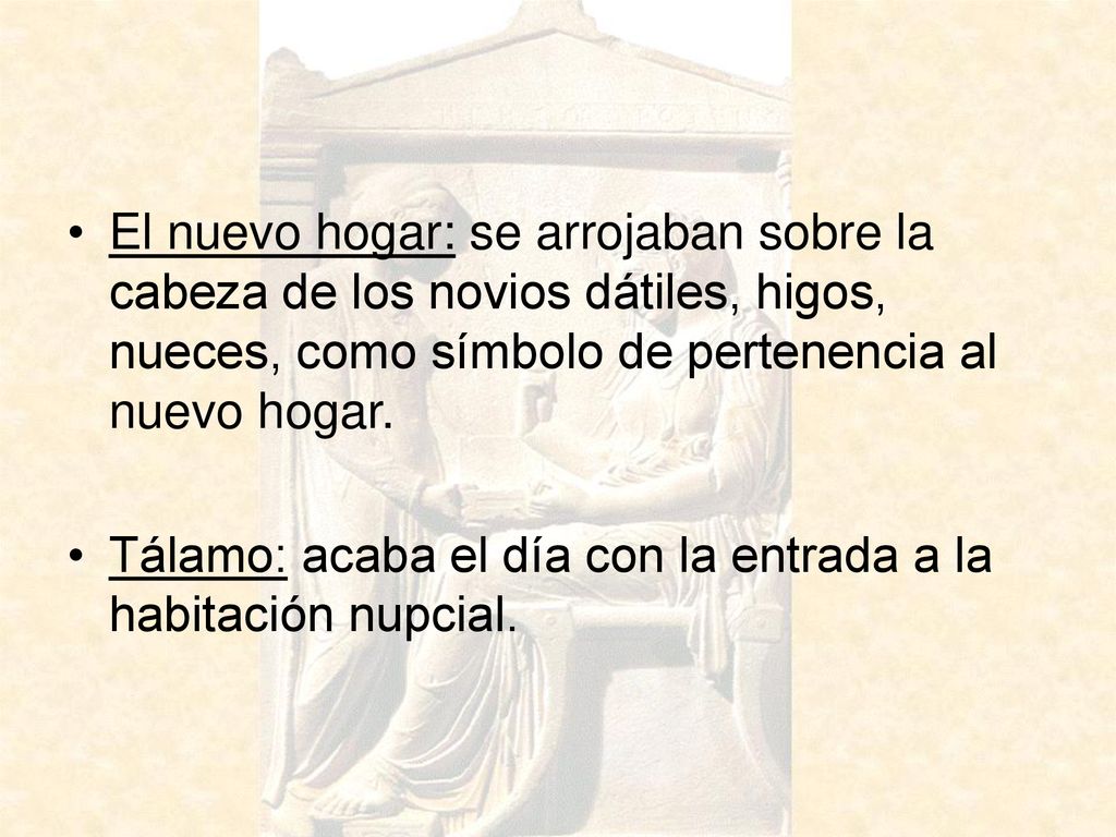 El nuevo hogar: se arrojaban sobre la cabeza de los novios dátiles, higos, nueces, como símbolo de pertenencia al nuevo hogar.