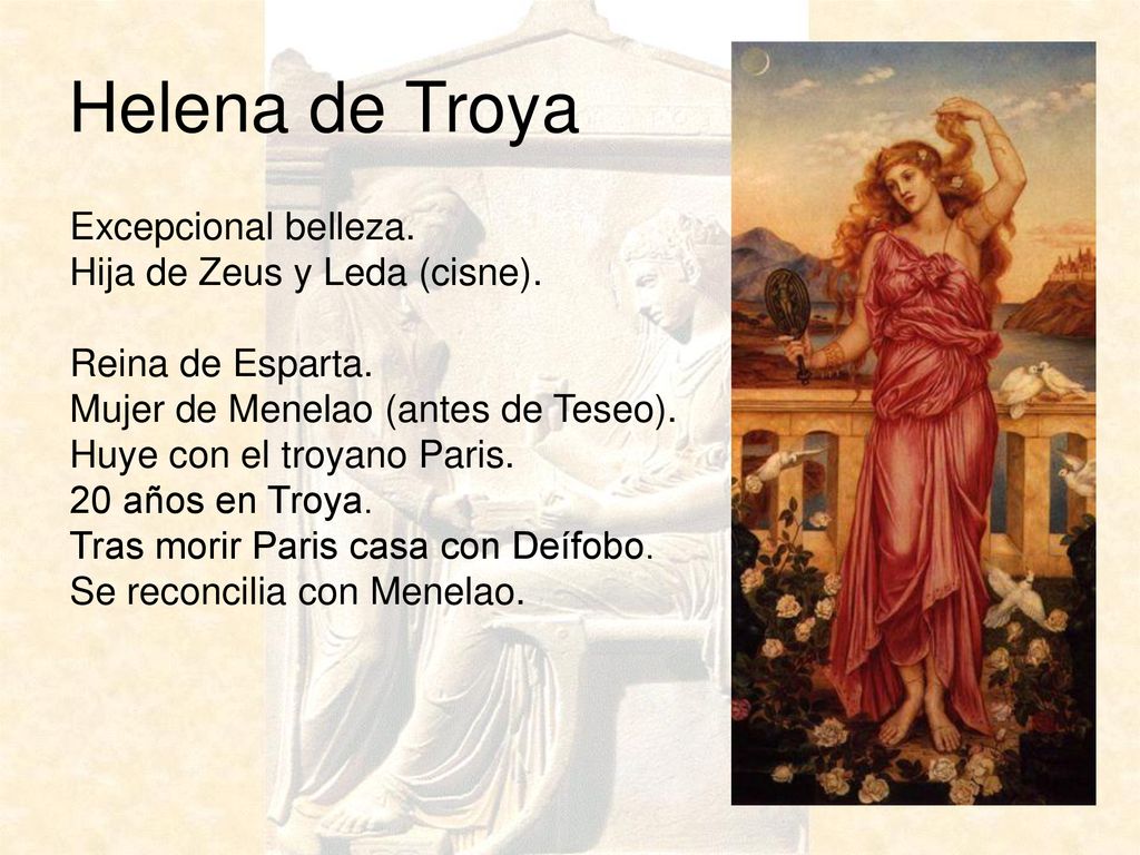 Helena de Troya Excepcional belleza. Hija de Zeus y Leda (cisne).