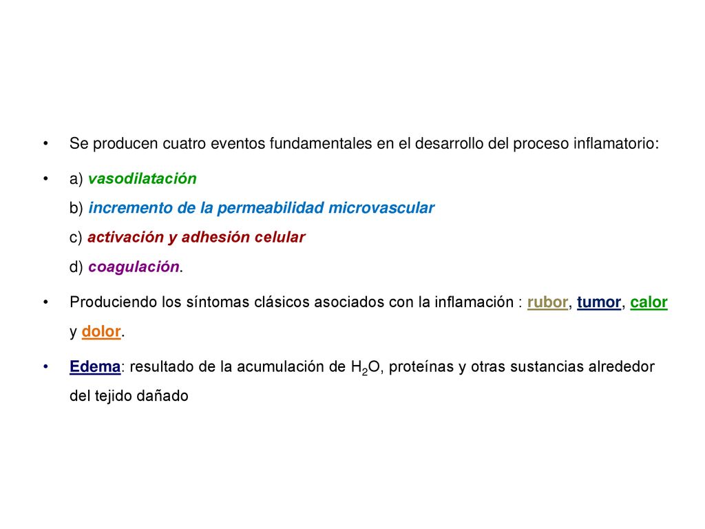 Se producen cuatro eventos fundamentales en el desarrollo del proceso inflamatorio: