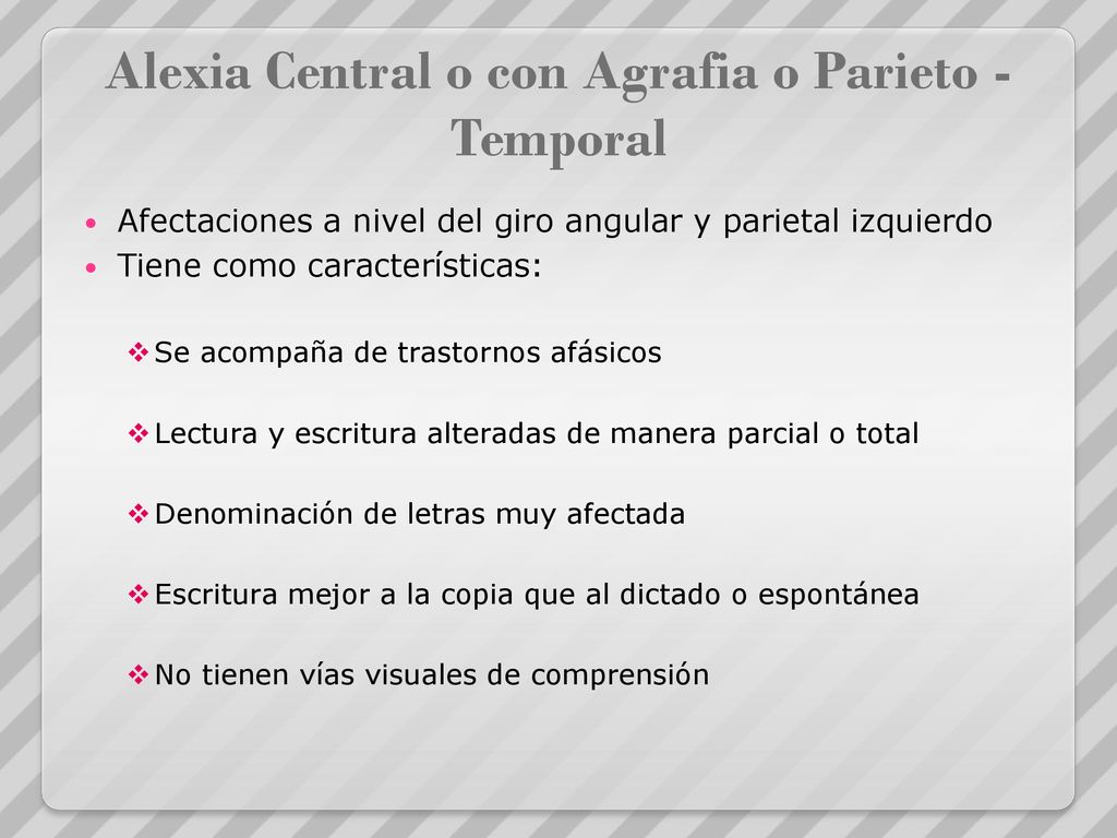 Alexia Central o con Agrafia o Parieto - Temporal