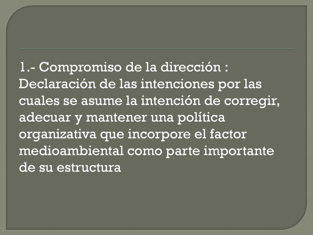 1.- Compromiso de la dirección : Declaración de las intenciones por las cuales se asume la intención de corregir, adecuar y mantener una política organizativa que incorpore el factor medioambiental como parte importante de su estructura