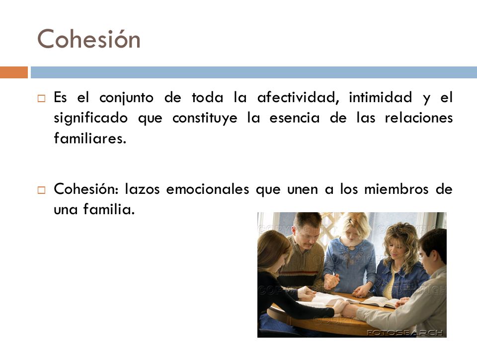 Cohesión Es el conjunto de toda la afectividad, intimidad y el significado que constituye la esencia de las relaciones familiares.