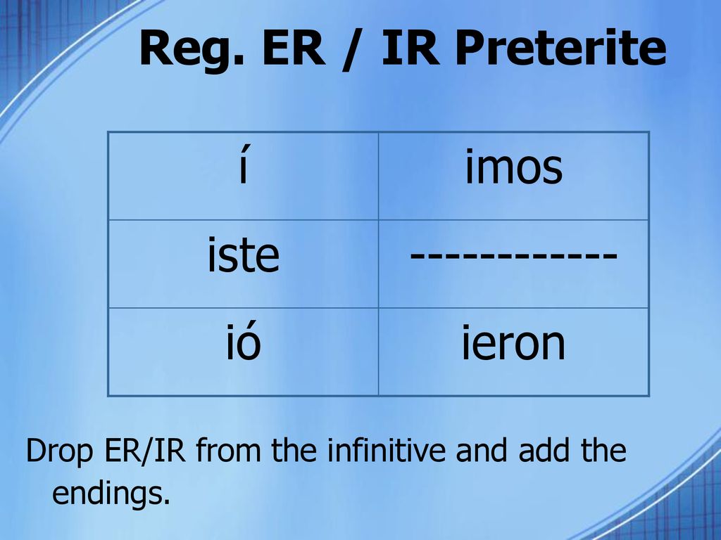 Reg. ER / IR Preterite í imos iste ió ieron