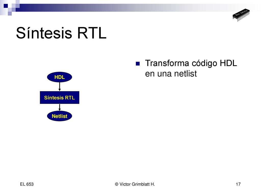 Síntesis RTL Transforma código HDL en una netlist HDL Síntesis RTL