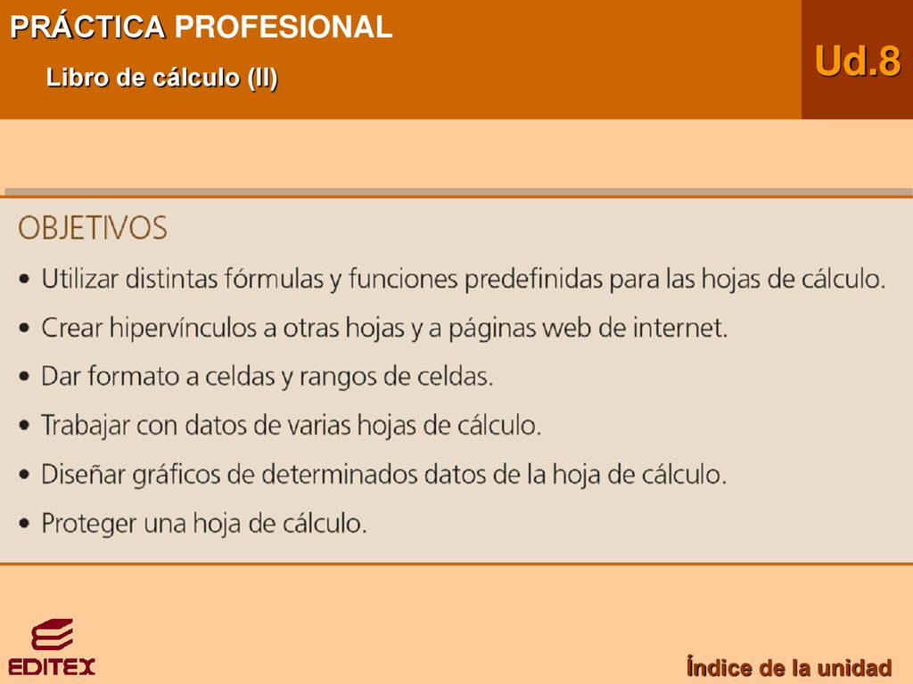 PRÁCTICA PROFESIONAL Libro de cálculo (II) Ud.8 Índice de la unidad